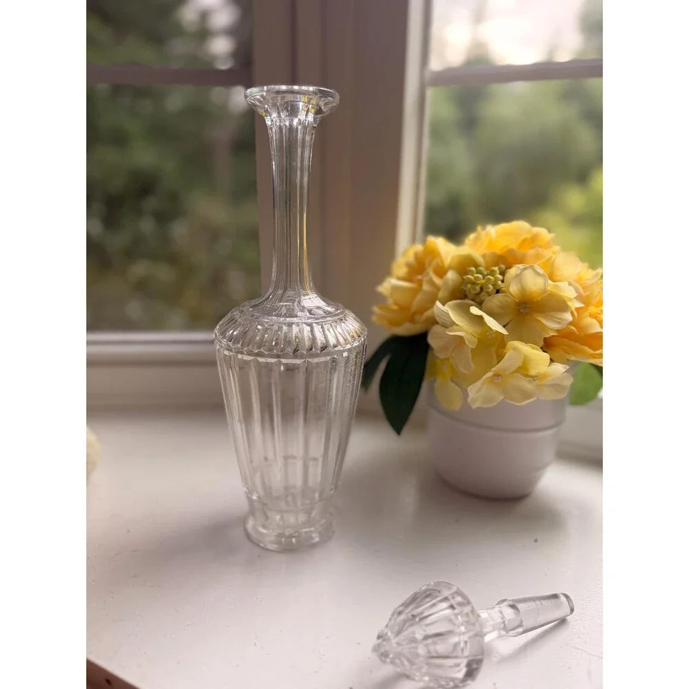 Vintage Crystal Decanter with Faceted Stopper, Pressed Glass Liquor Decanter, Ba